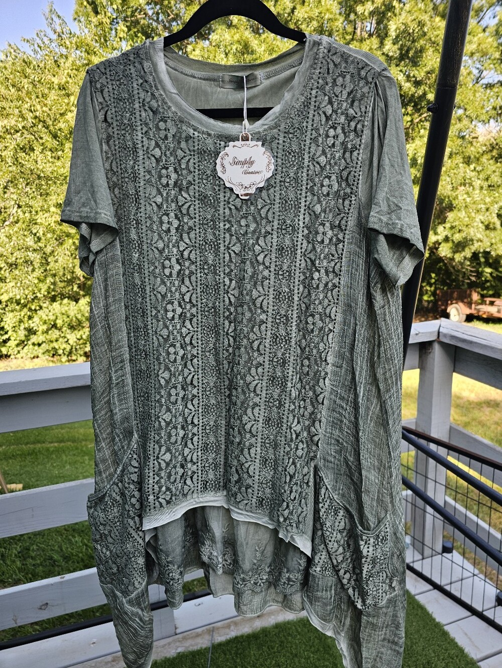 Simply Couture Green Lace Lined Layered Top Handkerchief Hem Boho Cottagecore